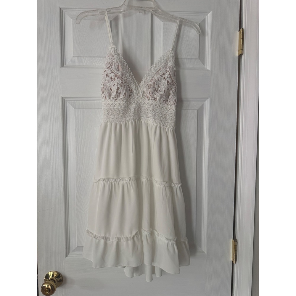 Ecowish White Crochet Lace Tiered Mini Dress Womens Medium Boho Bridal Tie Back